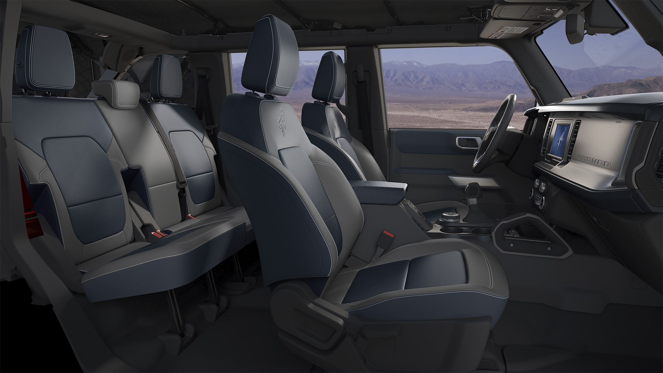 Ford Bronco interior design with the power-adjustable heated leather front seats