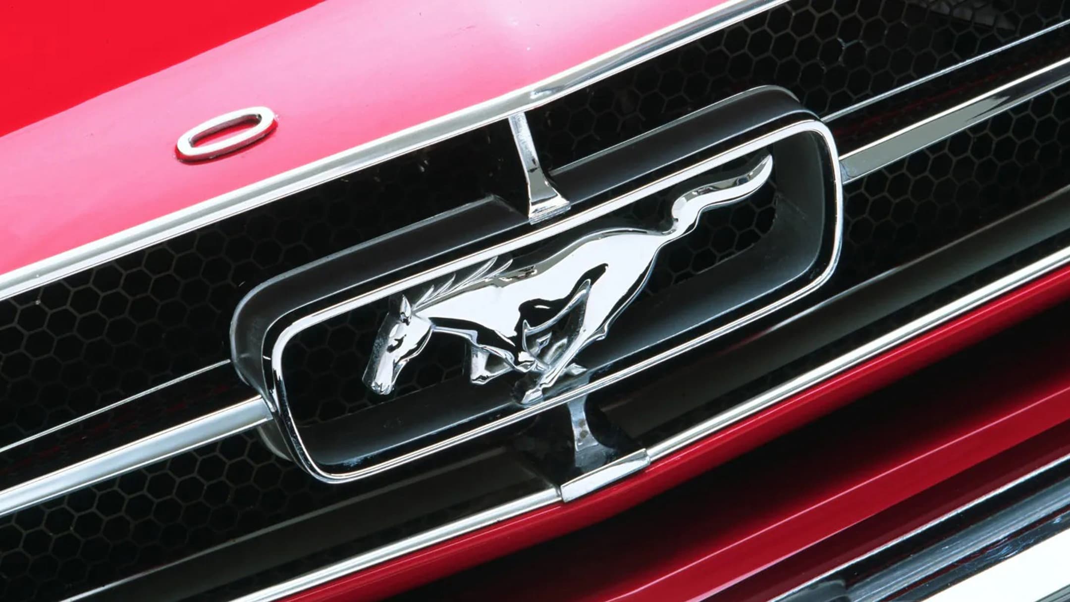 close up of ford mustang logo on red ford