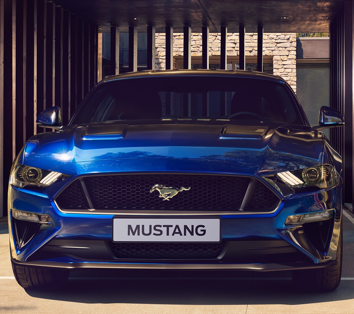 Blå Ford Mustang parkeret ved gitter port
