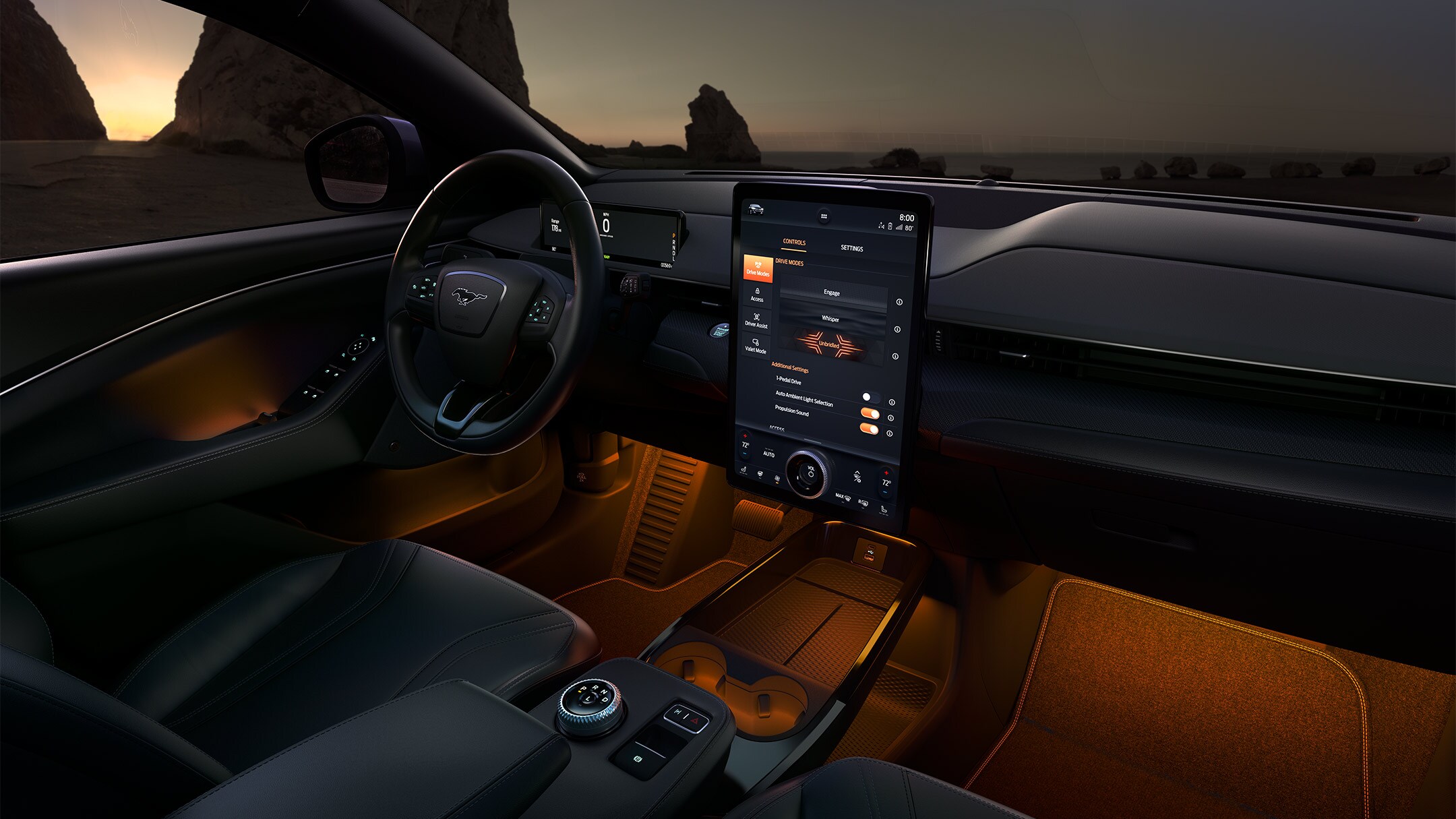 Helt nyt Ford Mustang Mach-E interiør med rat og næste generations Ford SYNC-skærm