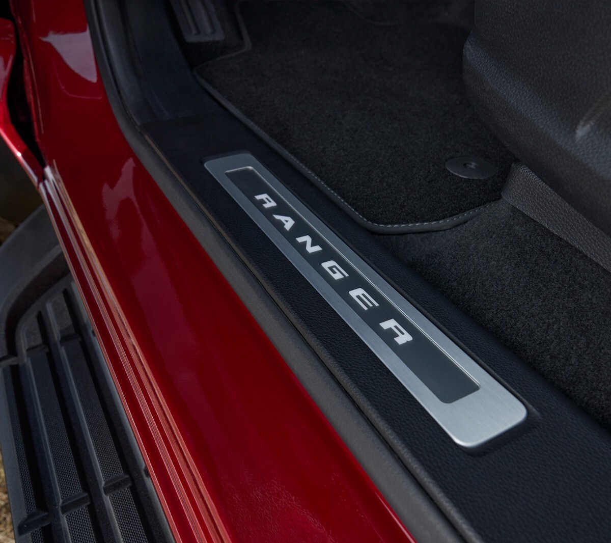 Ford Ranger Stormtrak branded scuff plate close up